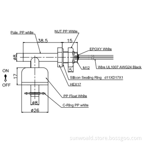 Side mounted water tank level float switch